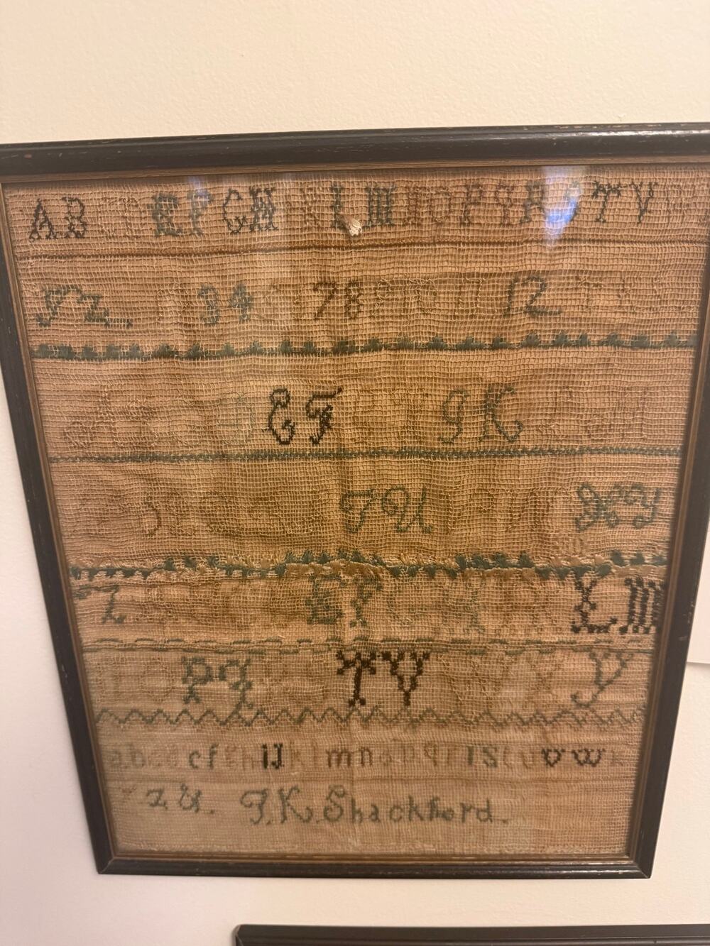 Antique Victorian 1800s Cross Stitch Sampler Alphabet Artifact Signed 11x13”